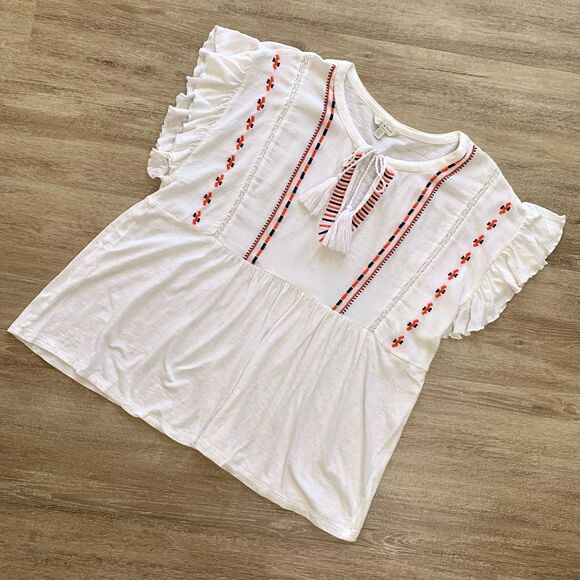 Lucky Brand Embroidered Flutter Sleeve Peasant Blouse - Picture 1 of 3
